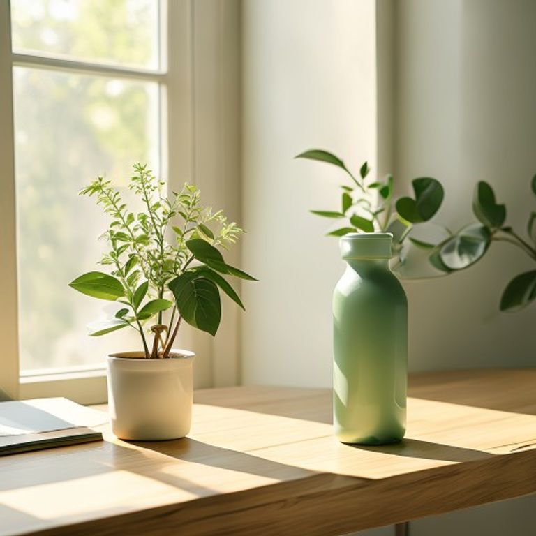Groene plant naast een waterfles op een bureau